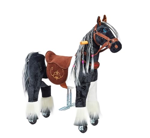 Ponnie Domino Mechanisches fahrendes Pferd, 3-6 Jahre, Reitpferd auf Rollen, kämmbare Mähne, verstellbare Fußstütze, Abnehmbarer Sattel und Halfter von Ponnie