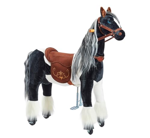 PONNIE Reitpferd mit Rollen Domino M (5-12 Jahre), Spielpferd zum Reiten mit Abnehmbarer Braun Sattel und Halfter mit Zaumzeug, Kämmbare Mähne und Schwanz, Plüschpferd zum Reiten für Kinder von Ponnie