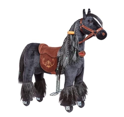 PONNIE Reitpferd mit Rollen Ebony S (3-6 Jahre), Spielpferd zum Reiten mit Abnehmbarer Braun Sattel und Halfter mit Zaumzeug, Kämmbare Mähne und Schwanz, Plüschpferd zum Reiten für Kinder von Ponnie