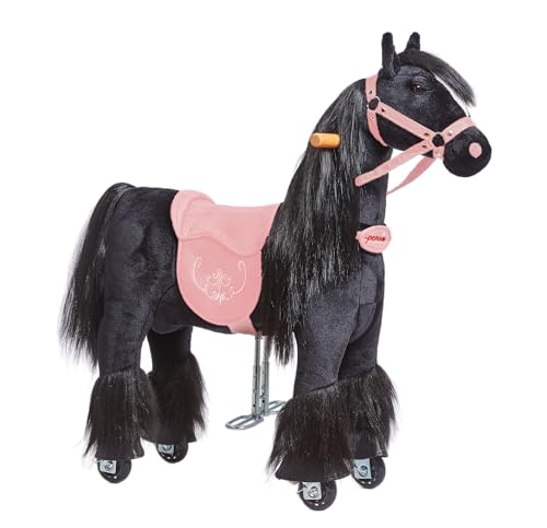 Ponnie - Ebony mit rosa Sattel, Kinder Reitpferd, 3-6 Jahre, S, Pferd auf Rollen, Hochwertiges Reitpferd Ebony aus Plüsch, für drinnen und draußen, für Kinder ab 3 Jahren, mit Einer kämmenden Mähne von Ponnie