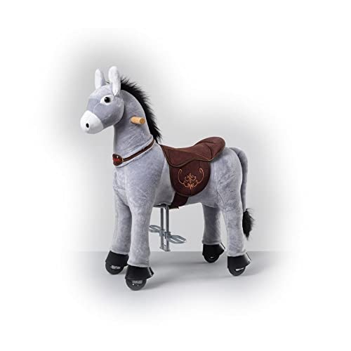 Ponnie Reitpferd mit Rollen Esel S (3-6 Jahre), Spielpferd zum Reiten mit Abnehmbarer Braun Sattel und Halfter mit Zaumzeug, Kämmbare Mähne und Schwanz, Plüschpferd zum Reiten für Kinder PRO von Ponnie