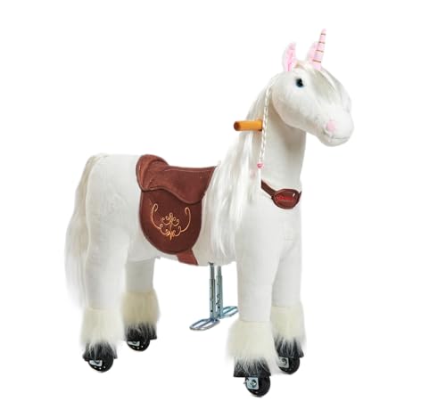 PONNIE Reitpferd mit Rollen Unicorn S (3-6 Jahre), Spielpferd zum Reiten mit Abnehmbarer Braun Sattel und Halfter mit Zaumzeug, Kämmbare Mähne und Schwanz, Plüschpferd zum Reiten für Kinder von Ponnie