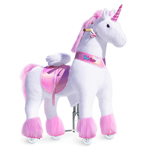 PonyCycle Klassisch Modell U Fahrt auf Einhorn Laufendes Tier Plüschtier Reitendes Einhorn auf Rädern (mit Bremse und Klang/ 108 cm Höhe/Größe 5 für Alter 7+) Rosa Einhorn Ux502 von PonyCycle