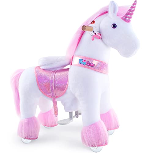 PonyCycle Offizielles Modell U Fahrt auf Einhorn Laufendes Tier Plüschtier Reitendes Einhorn auf Rädern (mit Bremse und Klang/ 76 cm Höhe/Größe 3 für Alter 3-5) Rosa Einhorn Ux302 von PonyCycle