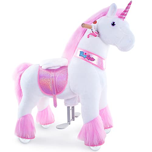 PonyCycle Offizielle Klassisch Modell U Reiten auf Einhorn Spielzeug Plüsch Lauftier Rosa Einhorn (mit Bremse und Klang/ 90cm Höhe/Größe 4 für Alter 4-8) Ux402 von PonyCycle