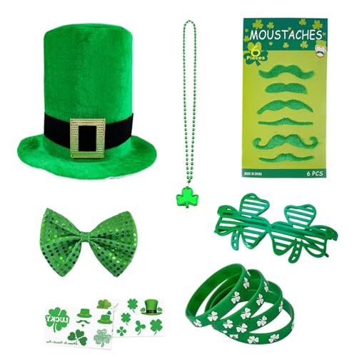 Poo4kark 11-teiliges Set mit irischem Bart, St. Green Hat, Brille und Halskette, Weihnachts-Requisiten Party Knaller (Green, One Size) von Poo4kark