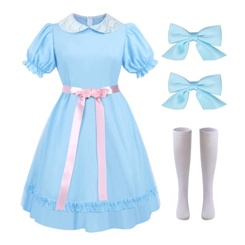 Pop Your Dream Damen Halloween Zwillingskostüme Blau Lolita Kleid Puffärmel mit Socken Set Gruselige Schwestern Cosplay Outfits, Halloween Blau 01, L von Pop Your Dream