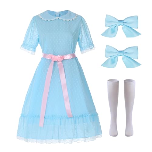 Pop Your Dream Damen Halloween Zwillingskostüme Blau Lolita Kleid Puffärmel mit Socken Set Gruselige Schwestern Cosplay Outfits, Halloween Blau Polka Dot 01, XXL von Pop Your Dream