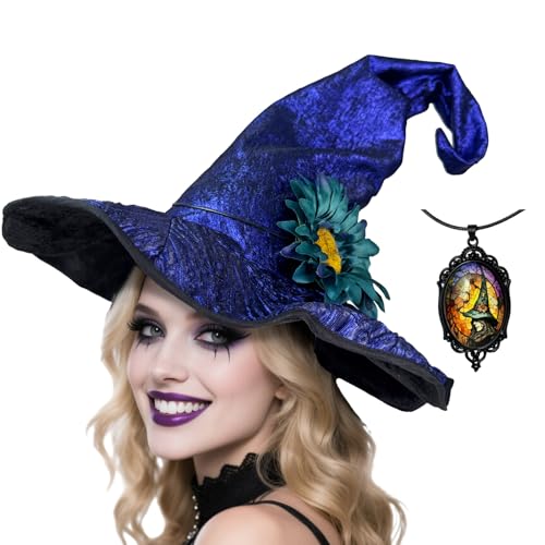 Hexenhut für Damen, mit abnehmbarer Blume und Gothic-Anhänger, Zaubererhut, böse Kostüm-Accessoires für Halloween-Party, Blau, Einheitsgröße Hexenhut für Damen, mit abnehmbarer Blume und Gothic-Anhänger, Zaubererhut, böse Kostüm-Accessoires für Halloween-Party, Blau, Einheitsgröße von Popuid