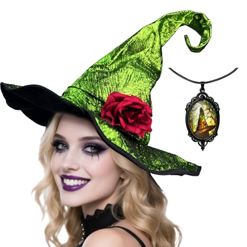 Hexenhut für Damen, mit abnehmbarer Blume und Gothic-Anhänger, Zaubererhut, böse Kostüm-Accessoires für Halloween-Party, Grün , Einheitsgröße Hexenhut für Damen, mit abnehmbarer Blume und Gothic-Anhänger, Zaubererhut, böse Kostüm-Accessoires für Halloween-Party, Grün , Einheitsgröße von Popuid