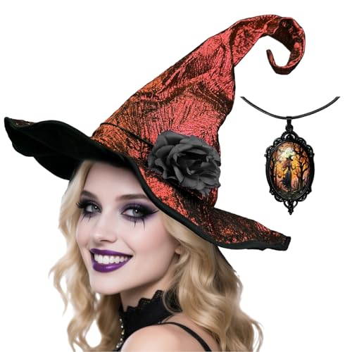 Hexenhut für Damen, mit abnehmbarer Blume und Gothic-Anhänger, Zaubererhut, böse Kostüm-Accessoires für Halloween-Party, Rot/Ausflug, einfarbig (Getaway Solids), Einheitsgröße von Popuid