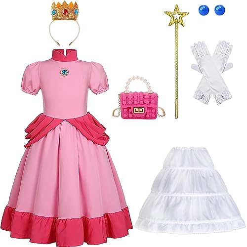 Popuid Prinzessinnenkostüm für Mädchen mit Krone, Handschuhe, Zauberstab, Tasche, lustiges Super Bros-Kostüm für Halloween-Themenparty (7-8 Jahre) von Popuid