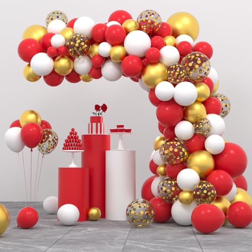 122 rote und weiße Ballongirlanden-Bogen-Set, weiße und rote metallisch-goldene Konfetti-Luftballons für das Thema Geburtstag, Hochzeit, Jahrestag, Brautparty, Abschlussfeier, Neujahrsdekoration von PopularLdo