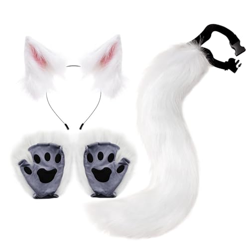 Fox Ohren und Schwanz Therian Pfoten, 3 Pack Faux Fur Therian Ausrüstung, flauschige lustige Fuchskostüm erwachsene Frauen für Rollenspiele Weiß weiß von Porgeel