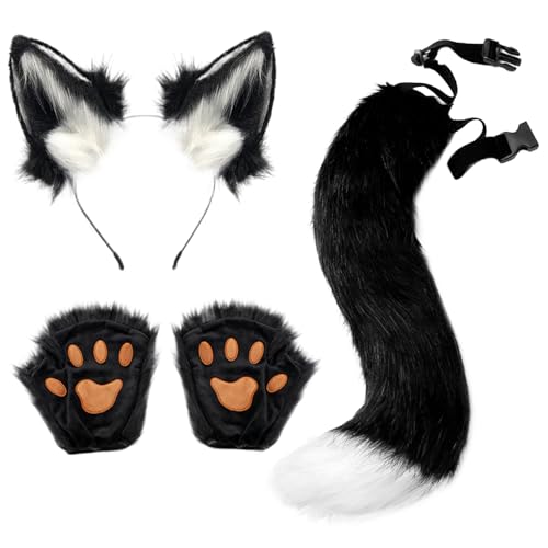 Fox Ohren und Schwanz Therian Pfoten, 3 Pack Faux Fur Therian Ausrüstung, flauschige lustige Fuchskostüm erwachsene Frauen für Rollenspielparty, Weiß Schwarz Fox Ohren und Schwanz Therian Pfoten, 3 Pack Faux Fur Therian Ausrüstung, flauschige lustige Fuchskostüm erwachsene Frauen für Rollenspielparty, Weiß Schwarz von Porgeel