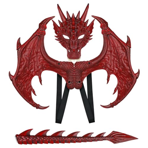 Porgeel Dragon Kostüm für Kinder Halloween Dragon Kostüm mit Maske, Schwanz und Flügelgummi -Dress -Cosplay für Party Maskerade (rot) von Porgeel