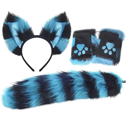 Porgeel Fuchsohren und Schwanzset, weiche pelzige Pfoten Handschuhe, Fuchsohren Stirnband und pelzige Schwänze, Fuchskostüm für Kinder Erwachsene Fancy Party Cosplay Kostüm, Blau Porgeel Fuchsohren und Schwanzset, weiche pelzige Pfoten Handschuhe, Fuchsohren Stirnband und pelzige Schwänze, Fuchskostüm für Kinder Erwachsene Fancy Party Cosplay Kostüm, Blau von Porgeel