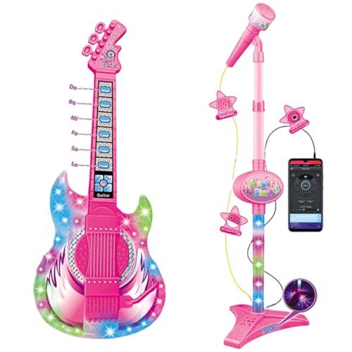 Porgeel Gitarre und Mikrofonspielzeuggitarre mit Musiklicht Verstellbarer Höhe 2 in 1 Kinder Mikrofon mit Stand Lernspielzeuginstrumenten von Porgeel