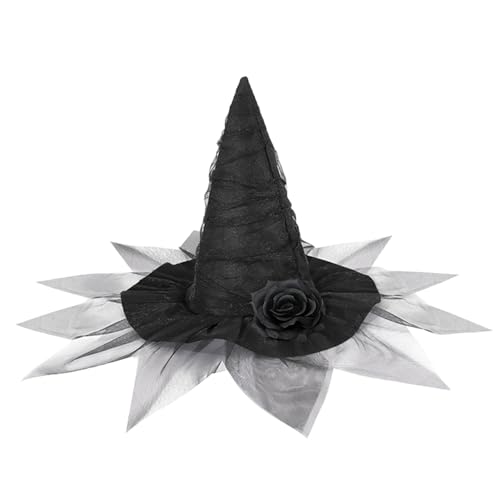Porgeel Hexenhut 26.8x13.4 Gothic Hexenhut mit Gaze und künstliche Blume für Frauen Halloween Cosplay Party, Schwarz von Porgeel
