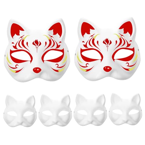 Porgeel Katzenmaske DIY Lackierbare leere Fuchsmaske mit Gummiband, White Paper Therian Maske Masquerade für Erwachsene Kinder Craft Cosplay Halloween 6pcs von Porgeel