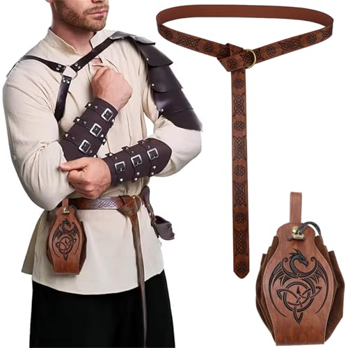 Porgeel Mittelalterlicher Gürtel 2PCS/Set einstellbarer Leder -Renaissance -Gürtel mit Beutel Vintage mittelalterlich Accessoires für Halloween -Cosplay von Porgeel