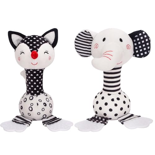 Porgeel Schwarz-Weiß-Baby-Spielzeug, 2pcs weiche Rassel für 0-12 Monate Baby, Schwarz-Weiß-Neugeborenenspielzeug mit Teether und Sound, Entwicklungsneuergeborenes Spielzeug von Porgeel