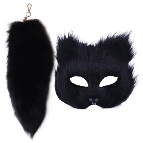 Porgeel Therian Tail Mask Set Schwanz Katzenmaske pelzige Maske & 406 cm langer Fuchsschwanz-Schlüsselanhänger Halbgesichts-Maskerade-Maske für Cosplay ausgefallene Party Schwarz von Porgeel