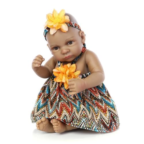 Schwarze Babypuppen 11 Zoll realistische Mini -Babypuppen mit beweglichen Armen und Beinen mit großem Auge -Tauchblech -Silikonspielzeug für Mädchen für das vorgetäuschte/interaktives Spiel, Mäd von Porgeel