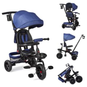 6-in-1-Kinderrad mit Anhängerknopf - für Kinder von 9 Monate bis 5 Jahre, mit 360°-Drehbarer Sitzbank und falbbarem Sonnenschirm (Blau) von PortoAlegre