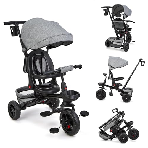 6-in-1-Kinderrad mit Anhängerknopf - für Kinder von 9 Monate bis 5 Jahre, mit 360°-Drehbarer Sitzbank und falbbarem Sonnenschirm (Grau) von PortoAlegre