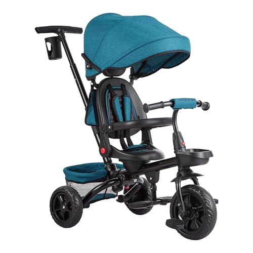 6-in-1-Kinderrad mit Anhängerknopf - für Kinder von 9 Monate bis 5 Jahre, mit 360°-Drehbarer Sitzbank und falbbarem Sonnenschirm (Grün) von PortoAlegre