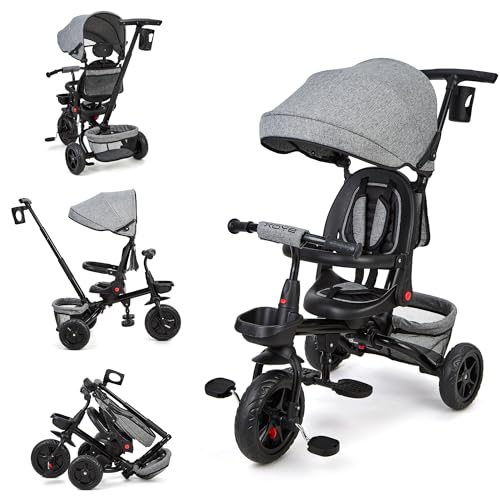 6 in1 Dreirad ab 9 Monate bis 25 kg, Faltbar Kinderdreirad mit Schubstange, Drehbarer Komfortsitz Sitz Vorwärts und Rückwärtsfahrt, Ausklappbarem Verdeck mit Sonnenschutz, Getränkehalter Korb, Grau von PortoAlegre