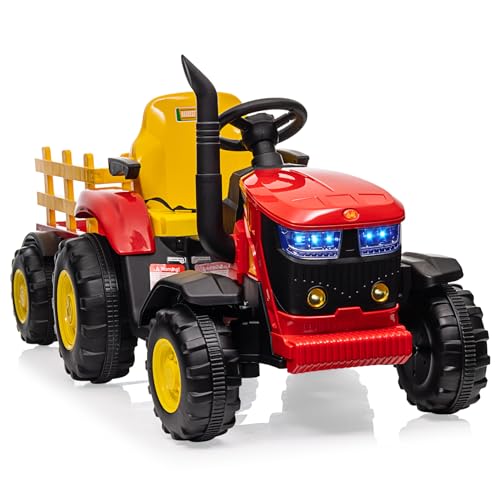 Elektrischer Traktor für Kinder, Batterie 12 V mit Fernbedienung, Traktor mit aufsitzbarem Anhänger mit Doppelmotor, 35 W, Bluetooth/USB, 3-Gang-Getriebe, Lichter mit 7 LEDs (rot) von PortoAlegre