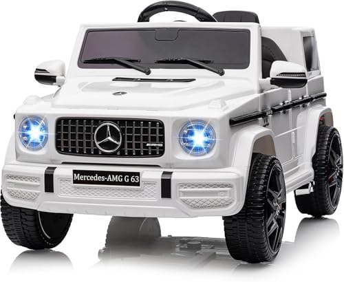Kinder Elektroauto Mercedes G63-4 Stoßdämpfende Räder - 12 V Elektrische Kinder Elektroauto mit 2.4G Fernbedienung - Kinderfahrzeug mit Hupe, LED, Sicherheitsschloss, Bluetooth und Musik - Weiß von PortoAlegre