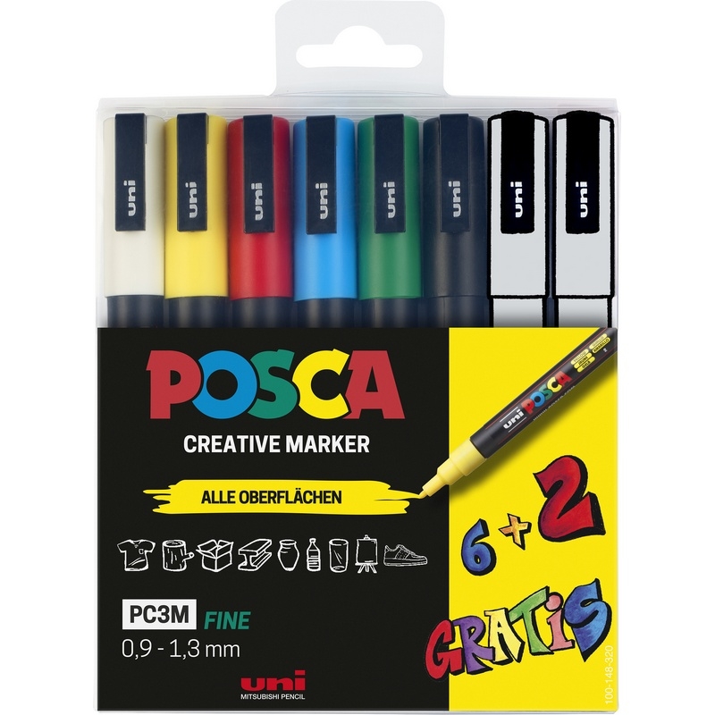 Posca Marker Grundfarben Set 6+2 Stk. PC-3M rundspitze von Posca