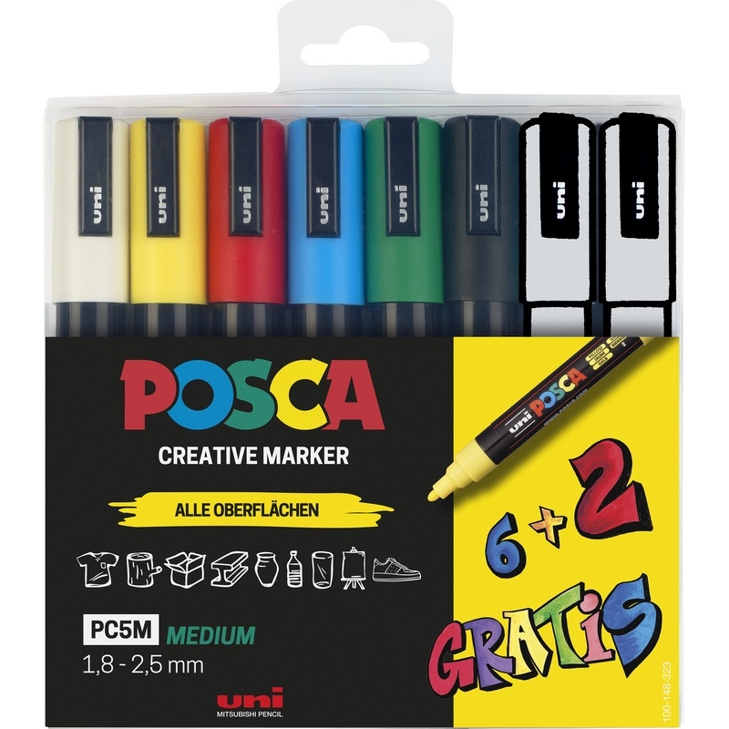 Posca Marker Grundfarben Set 6+2 Stk. PC-5M rundspitze von Posca