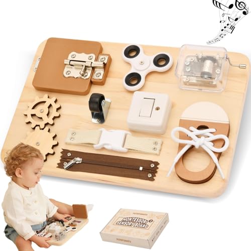 Potatomato Montessori Busy Board für Kinder - Sensorik & Feinmotorikspielzeug aus Holz - Montessori Lernspielzeug für Baby - Pädagogisches Reisespielzeug für Autismus & ADHS von Potatomato
