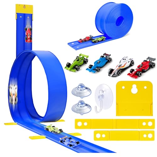 Poudya Autobahn-Spielzeugautorennbahn 3.9m, Aufrollbare Flexible Rennstrecke mit 4 Autos & Dual Rampen, Tragbare Geschwindigkeitsstrecke für 1/64 Modelle, Kinderfreundlich ab 3+ von Poudya