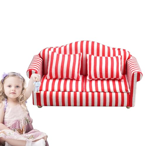 Poupangke Miniatur-Puppenhaus-Couch-Sofa, Puppenhaus-Couch mit Kissen | -Puppenhausmöbel im Maßstab 1:12, Couch und Stuhl - Hochsimuliertes Miniatursofa aus Holzstoff, rote und weiße Streifen, von Poupangke