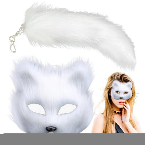Poupangke Tier-Cosplay-Maskerade, Tier-Maskerade und Schwanz-Set, Tierschwanz-Cosplay-Maskenset für Mädchen, Pelziges Outfit, Tier-Rollenspiel, halbe Gesichtsbedeckung für Frauen Poupangke Tier-Cosplay-Maskerade, Tier-Maskerade und Schwanz-Set, Tierschwanz-Cosplay-Maskenset für Mädchen, Pelziges Outfit, Tier-Rollenspiel, halbe Gesichtsbedeckung für Frauen von Poupangke