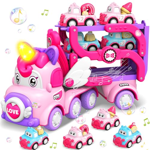 Pourbibi Auto Spielzeug ab 2 Jahre Mädchen, Autotransporter LKW Spielzeug mit Licht und Musik, Kinderspielzeug ab 1 2 3 4 5 Jahre - Geburtstag Ostergeschenke Weihnachten Einhorn Geschenke für Mädchen von Pourbibi