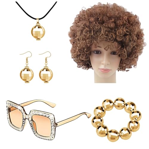 70er-Jahre-Disco-Accessoires für Damen,Disco-Schmuck für Damen 70er-Jahre - Rapper-Kostüm Bling 5-teiliges 70er-Jahre-Disco-Kostüm-Set,Halskette, Afro-Perücke, Ohrringe, Armband für Männer und Frauen, 70er-Jahre-Disco-Accessoires für Damen,Disco-Schmuck für Damen 70er-Jahre - Rapper-Kostüm Bling 5-teiliges 70er-Jahre-Disco-Kostüm-Set,Halskette, Afro-Perücke, Ohrringe, Armband für Männer und Frauen, von Povanjer