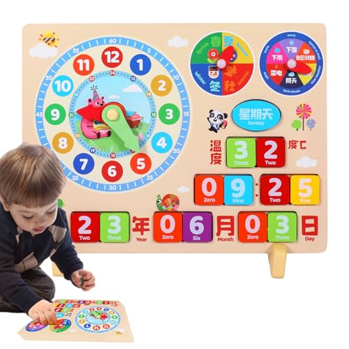 Pädagogische Uhr Woody Treasures – Lehrplan des Spielzeug-Kalenders aus Holz, Lernuhr – Wettertafel aus Holz zur Wandmontage ab 3 Jahren von Povanjer