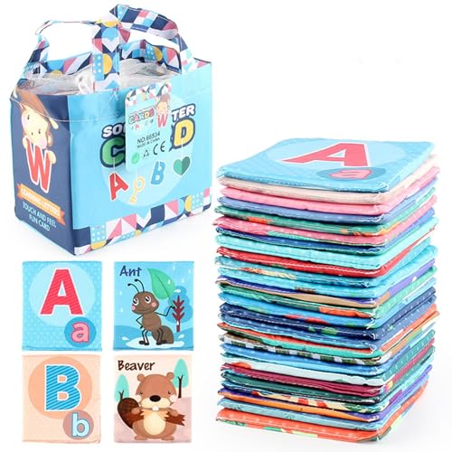 Povanjer 26 weiche Alphabet-Karten | 26 Alphabet-Flash-Karten aus Stoff für Babys und Kleinkinder ab 1 Jahr, Lernspielzeug für Kleinkinder – 26 Buchstaben und Aufbewahrungstasche von Povanjer