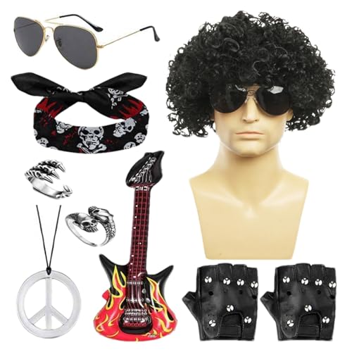 Povanjer Rock-Kostüm, Rockstar-Kostüm, Partyoutfit zum Thema der 80er Jahre, für Männer, Punk Male Outfit, Curly Rock Wig und mehr für die Maskerade-Party von Povanjer