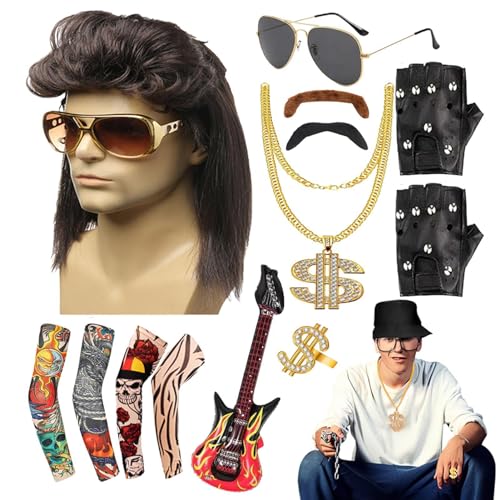 Povanjer Rockkostüm, 80er Jahre Rocker Kostümset, 13-teiliges Rockstar Zubehör | 80er Jahre Rock-Kostüme | 80er Jahre Zubehörset, Themenpartys, Outfits der Jahre von Povanjer