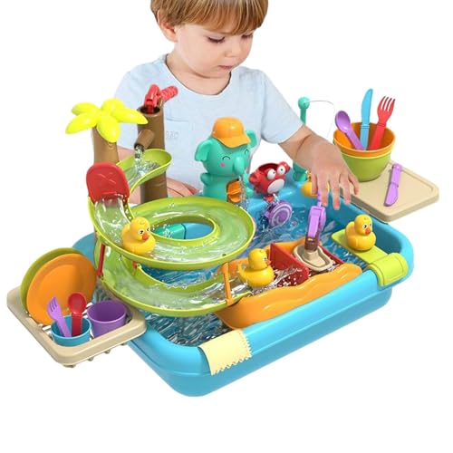 Wasserspülen-Spielzeug, sieht aus wie eine Spüle mit fließendem Wasser, 4 in 1 Wassertisch-Simulationsspielzeug, Geschirrspüler-Spielzeug, Küchenreinigungsspielset mit von Povanjer