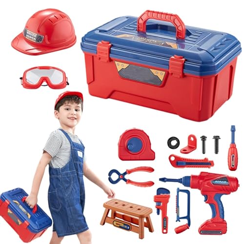 Werkzeugkasten, Werkzeugkasten, Spielset mit Bohrmaschine, Lernwerkzeug-Set für elektrische Bohrmaschine und Schraubendreher, Spielzeugwerkzeug, Lernset von Povanjer