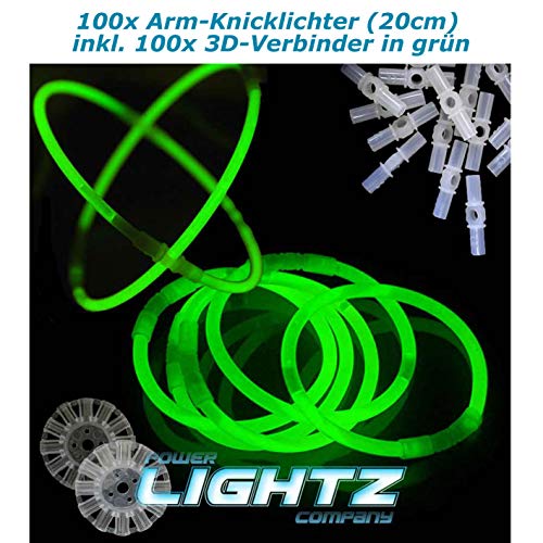 Power Lightz 100 Stück 20cm Knicklichter/Armbänder inkl. 100 x 3D-Verbinder, 2 x Ball- und Flexverbinder in Grün für Party, Disco, Festival oder Fasching? von Power Lightz