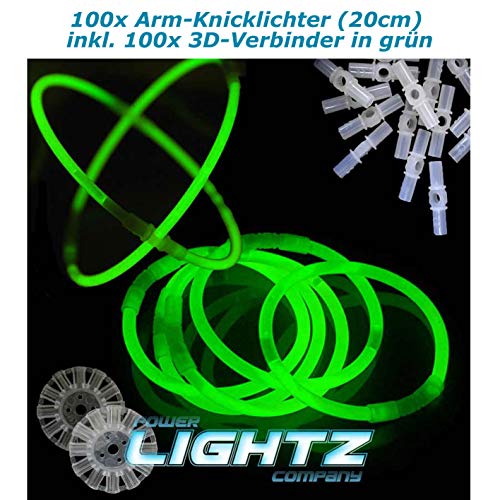 Power Lightz 100 Stück 20cm Knicklichter/Armbänder inkl. 100 x 3D-Verbinder, 2 x Ball- und Flexverbinder in Grün für Party, Disco, Festival oder Fasching? von Power Lightz